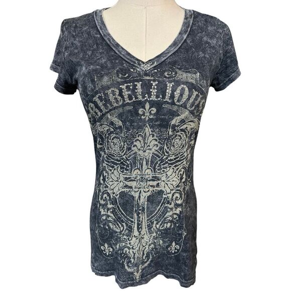 VINTAGE Y2K Women’s Small Whimsigoth Rhinestone Cross Roses Rebellious T Shirt - Picture 1 of 10